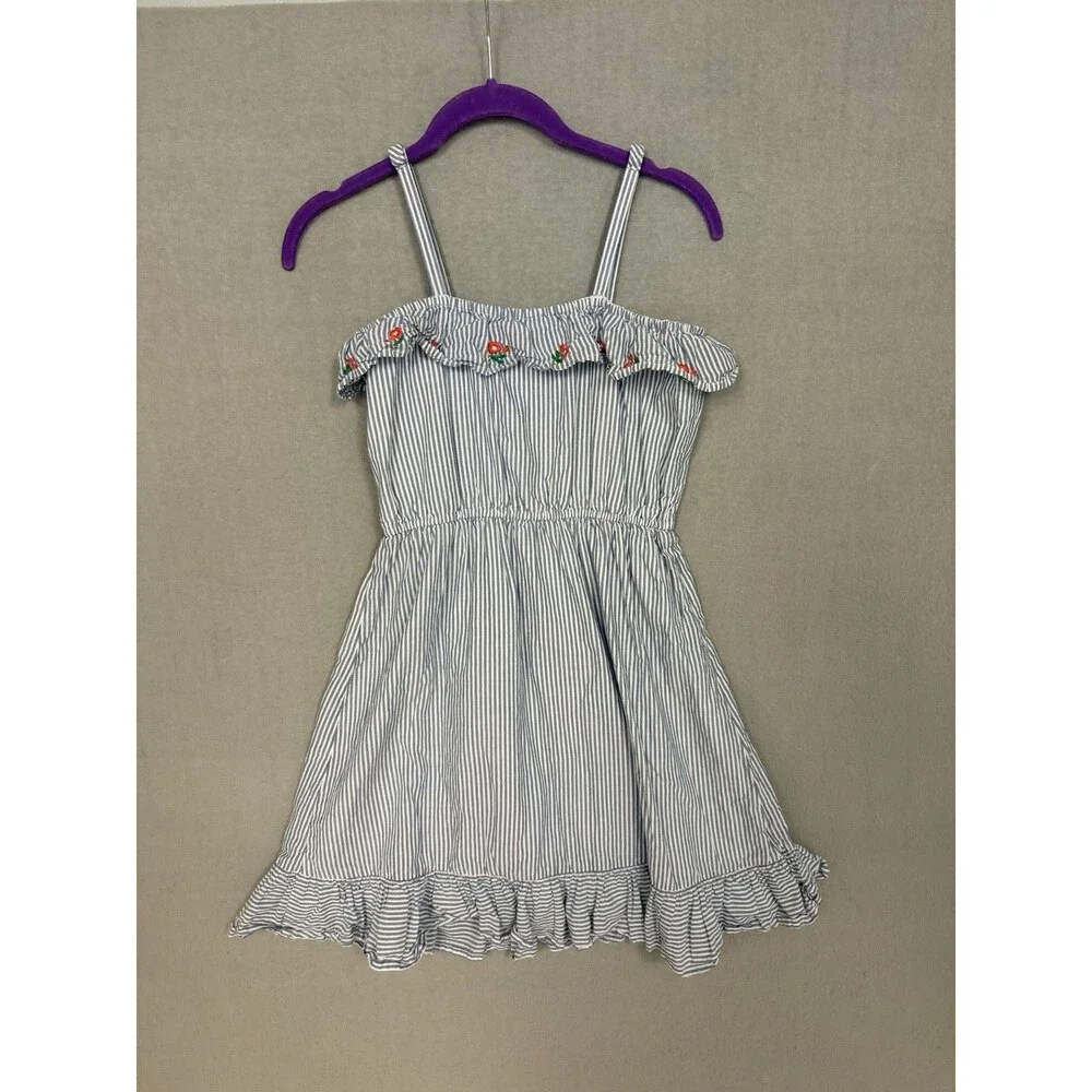 Janie and Jack Girls Size 10 Blue White Stripe Embroidered Poppy Floral Dress